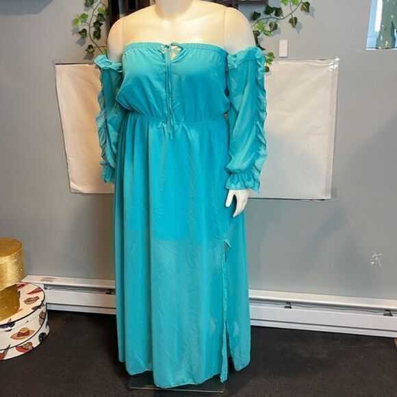 Cupshe Sexy Boho Off shoulder Beach Style ruffles split Turquoise‎ L RefCPS086 - Picture 8 of 13